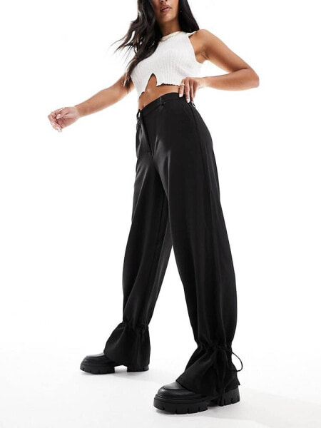 Pieces tie detail wide leg trousers in black