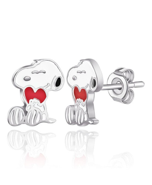 Silver Plated and Enamel Snoopy with Heart Stud Earrings