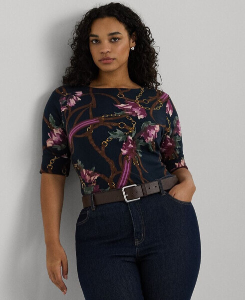 Plus Size Floral Elbow-Sleeve Tee