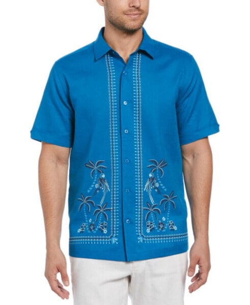 Men's Short Sleeve L-Shaped Tropical Print Linen Blend Button-Front Shirt