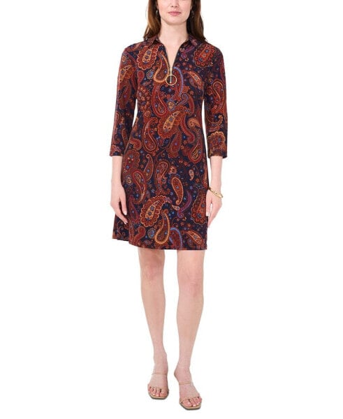 Women's Paisley Collared Zip-Neck 3/4-Sleeve Dress