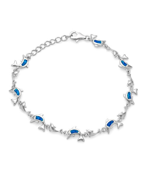 Nautical Tropical Beach Vacation Iridescent Blue Created Opal Inlay Multi-Charm Dolphins Bracelet Anklet Link Sterling Silver Adjustable 7.5-9 Inch