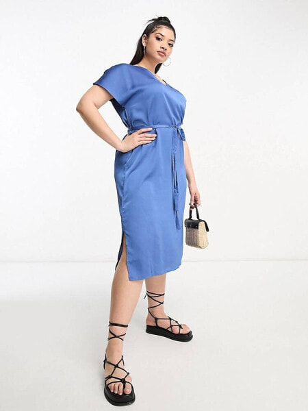 Vila Curve satin t-shirt midi dress with tie waist in blue