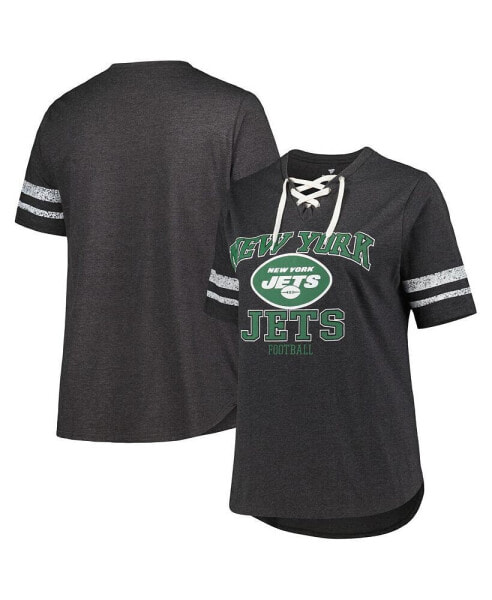 Women's Heather Charcoal New York Jets Plus Size Lace-Up V-Neck T-shirt