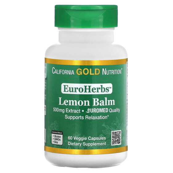 Вегетарианские капсулы California Gold Nutrition EuroHerbs с экстрактом мелиссы, 500 мг, 60 шт.