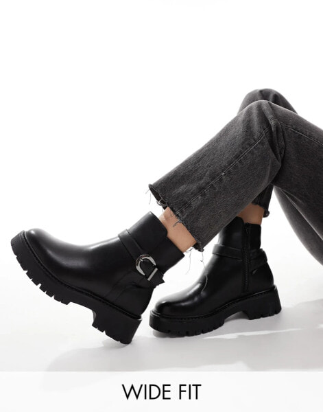 London Rebel Billie wide fit chunky ankle boots with buckle in black