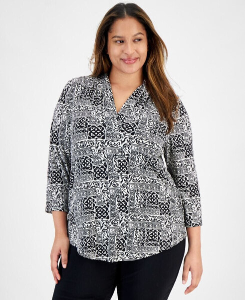 Plus Size Printed V-Neck 3/4 Sleeve Top, Created for Macy's