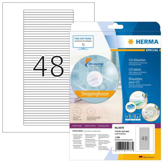 HERMA Labels for CD box A4 114.3x5.5 mm white paper matt 200 pcs. - White - Self-adhesive printer label - A4 - Paper - Laser/Inkjet - Permanent
