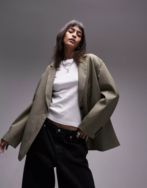 Topshop – Blazer in dunklem Khaki mit extremem Grandad-Kragen, Kombiteil