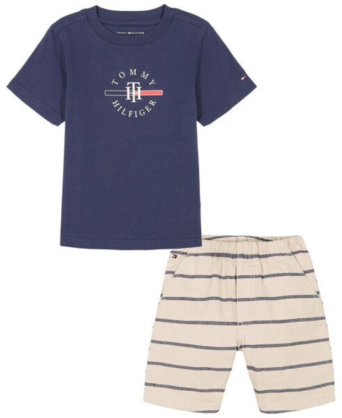 Toddler Boy short sleeve Logo Graphic Tee Striped Oxford Shorts Set