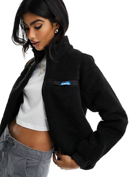 Kavu pinesdale zip through sherpa fleece jacket in black