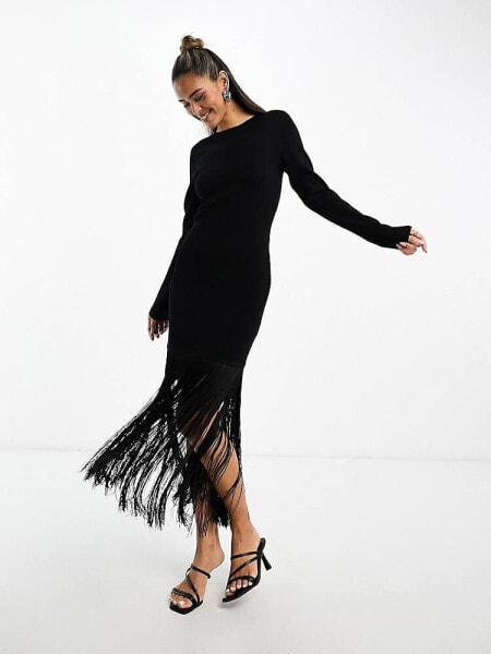 & Other Stories  knitted midi dress with fringe skirt detail in black