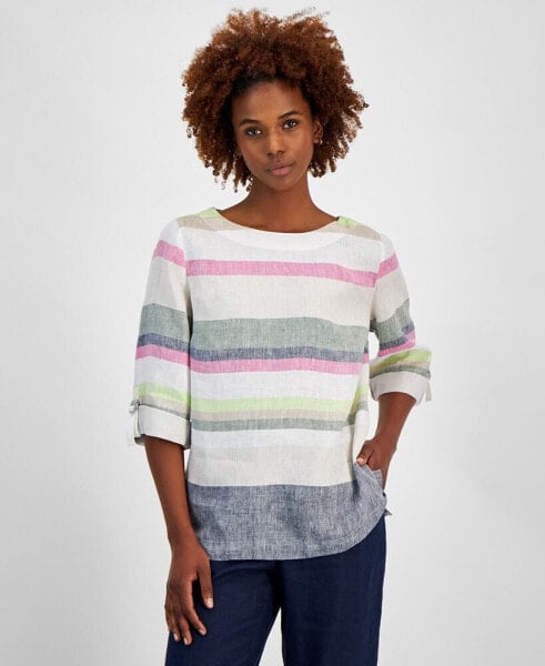 Petite 100% Linen Vacation Stripe Roll-Tab-Sleeve Top, Created for Macy's
