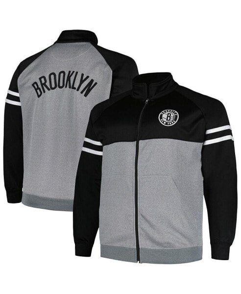 Men's Black, Heather Gray Brooklyn Nets Big and Tall Pieced Stripe Raglan Full-Zip Track Jacket