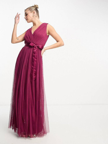 Anaya wrap front maxi tulle dress in red plum