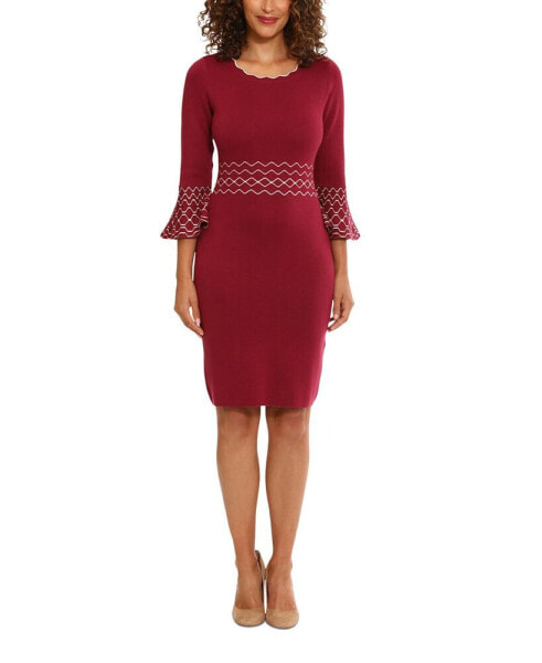 Women's Contrast-Stitch Bell-Sleeve Sweater Dress