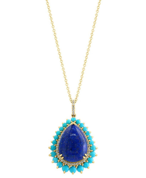 EFFY Collection eFFY® Lapis Lazuli, Turquoise, & Diamond (1/5 ct. t.w.) Pear Halo 18" Pendant Necklace in 14k Gold