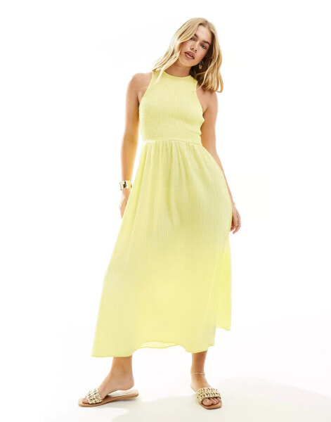 ASOS DESIGN racer crinkle midi sundress with scoop back in pale lemon