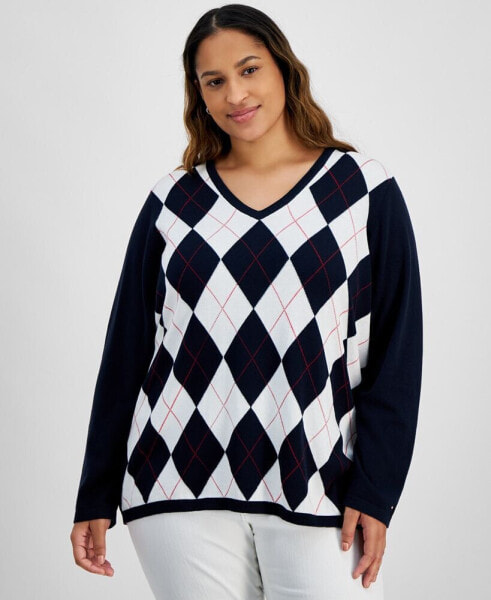 Plus Size Argyle V-Neck Sweater