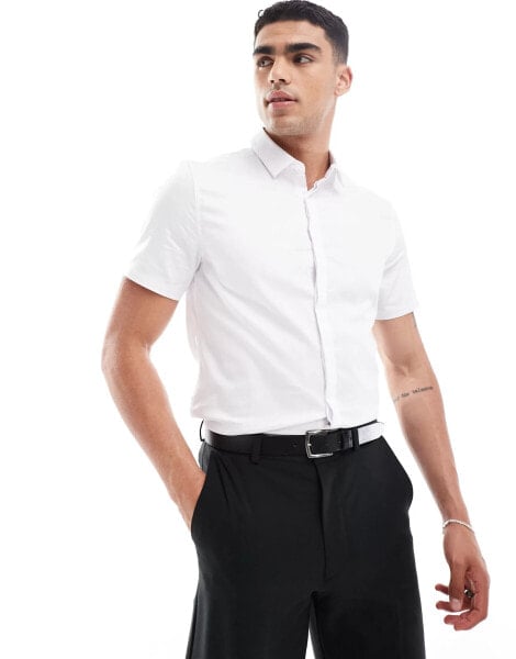 ASOS DESIGN slim sateen short sleeve shirt in white