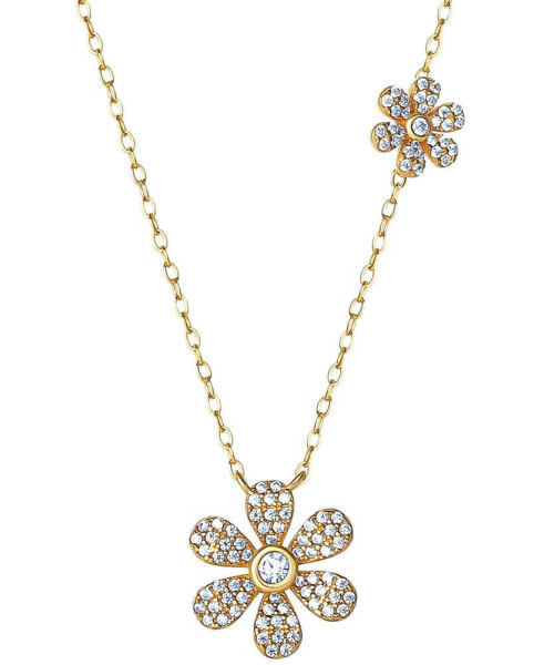 Cubic Zirconia Double Flower Pendant Necklace in 18k Gold-Plated Sterling Silver, 16" + 2" extender