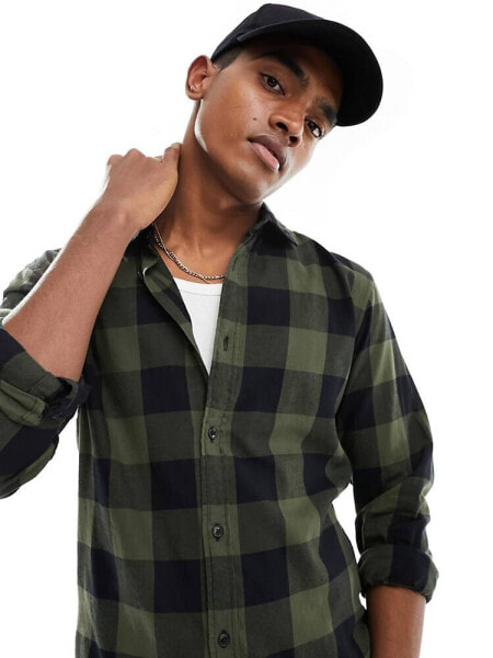 Jack & Jones Essentials buffalo check shirt in khaki & black