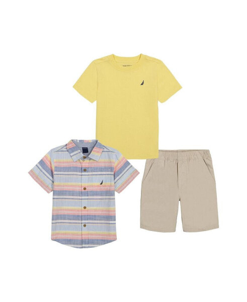 Toddler Boys Short Sleeve T-shirt, Multi-Stripe Gauze Shirt and Twill Shorts, 3 Pc Set