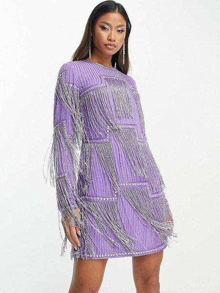 ASOS DESIGN embellished shift mini dress with beaded fringe in purple