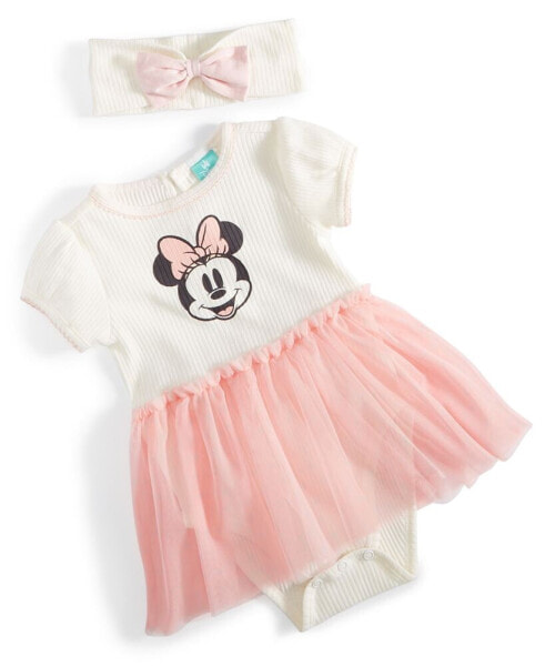 Baby Girls Minnie Mouse Ribbed Bodysuit Tulle Dress & Headband, 2 Piece Set