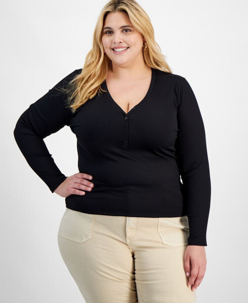 Trendy Plus Size Long-Sleeve Henley Top, Created for Macy's