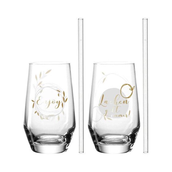 Набор 2 стаканов LEONARDO PRESENTE + 2 стеклянные трубочки с рисунком "Enjoy"