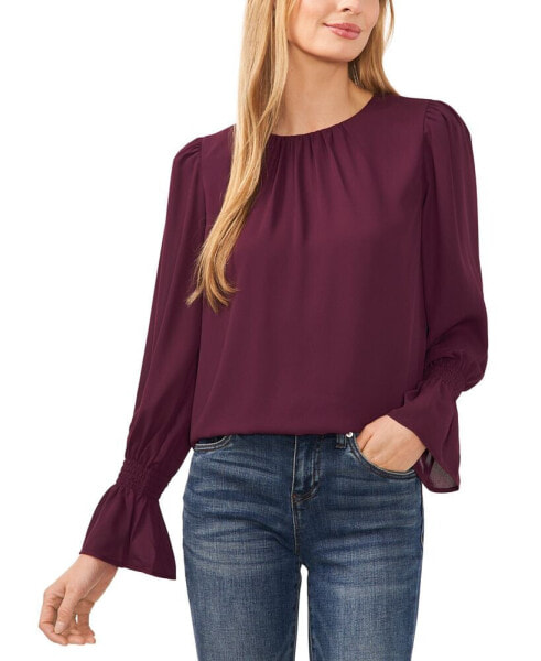 Women's Crewneck Long Sleeve Smocked Ruffle Cuff Blouse