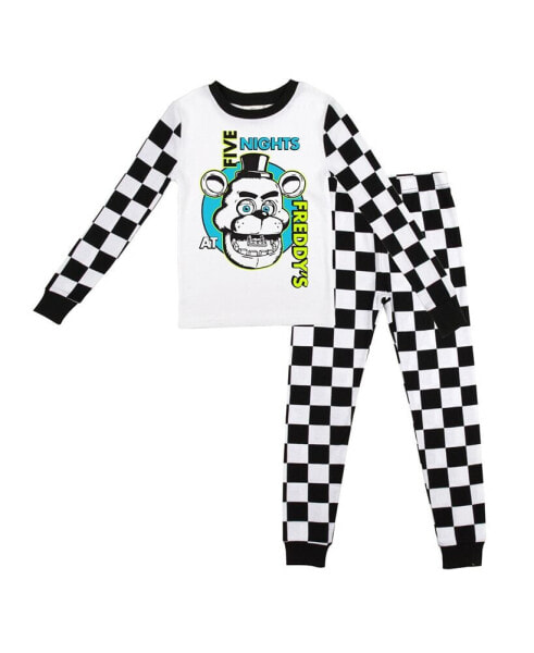 Little Boys Freddy Fazbear Face Youth Black & White Checkered Long Sleeve Shirt & Sleep Pants Set