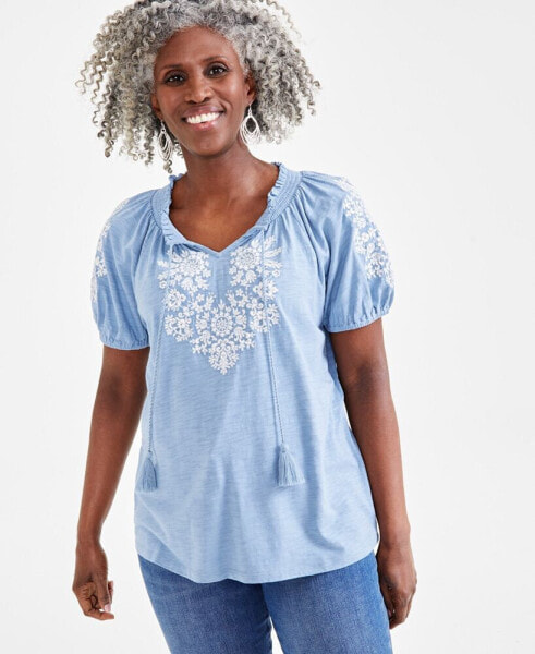 Petite Vacay Embroidered Tassel-Tie Top, Created for Macy's