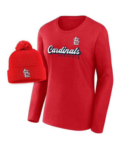 Women's Red St. Louis Cardinals Run The Bases Long Sleeve T-shirt and Cuffed Knit Hat with Pom Combo Set