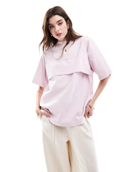 ASOS DESIGN double layer oversized t-shirt with cropped cami overlay in washed pink