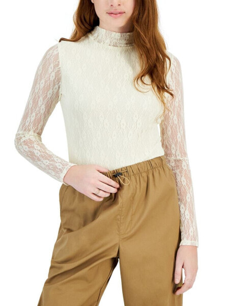 Juniors' Mock-Neck Long-Sleeve Lace Bodysuit