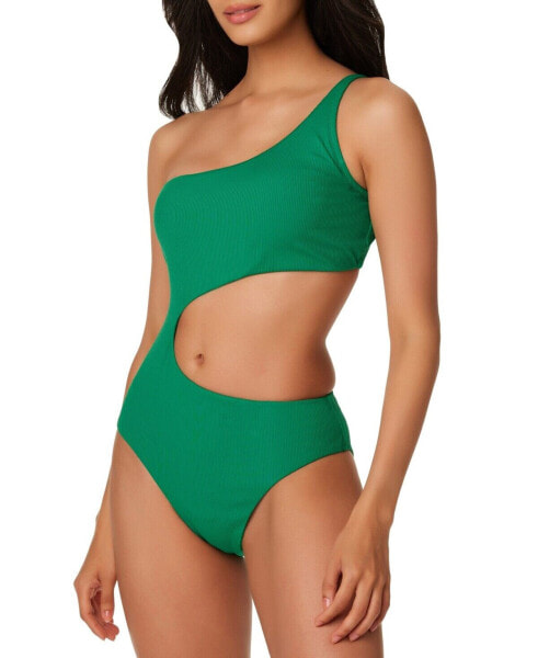 Bar III VIVID GREEN Micro Rib One-Shoulder Cutout One-Piece Swimsuit US Medium