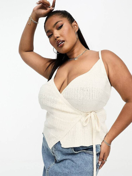 ASOS DESIGN Curve knitted wrap cami in mixed stitch in cream