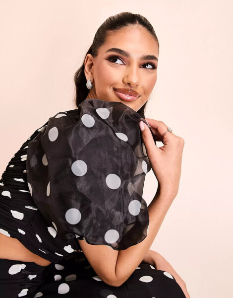 ASOS LUXE co-ord one shoulder blouson sleeve polka dot organza top in monochrome