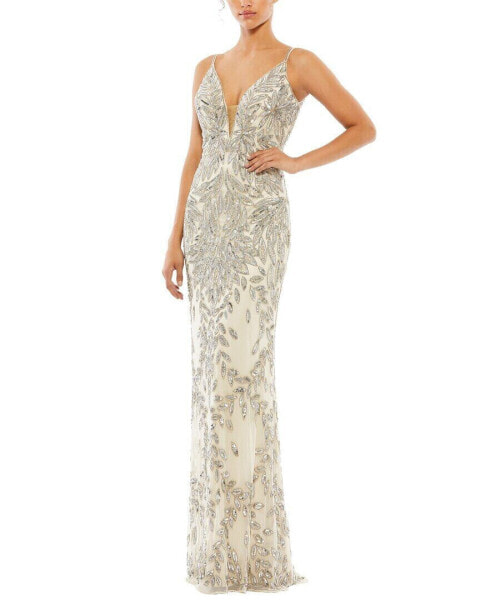 Mac Duggal Sequined Sleeveless Plunge Neck Trumpet Gown Women's Silver 8