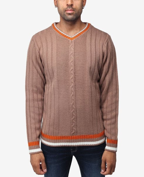 Men's Cable Knit Tipped V-Neck Sweater