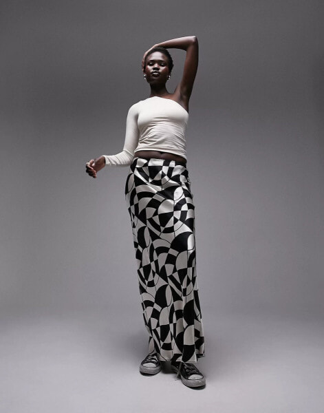 Topshop Tall satin bias maxi skirt in mono geo print