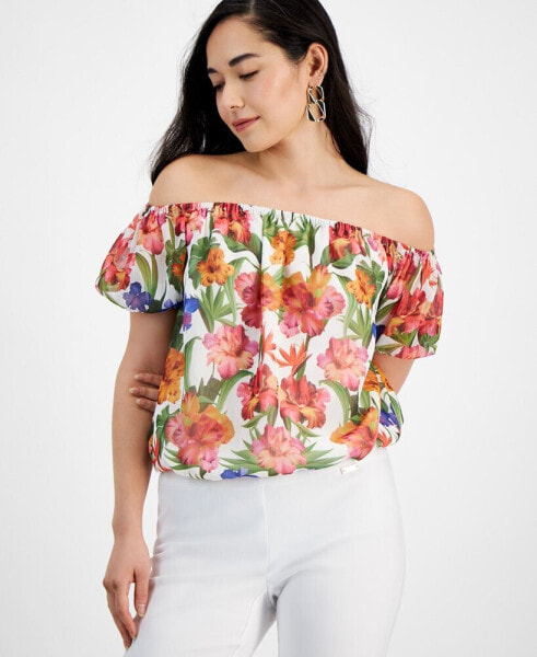 Petite Floral Print Puff-Sleeve Top, Created for Macy's