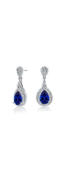 Dazzling Rhodium-Plated Double Halo Dangle Earrings with Clear Pear, Marquise, and Round Cubic Zirconia