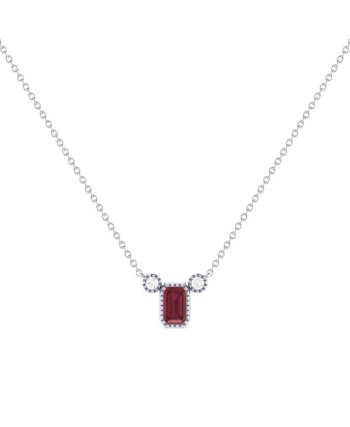 Emerald Cut Ruby Gemstone, Natural Diamond 14K White Gold Birthstone Necklace