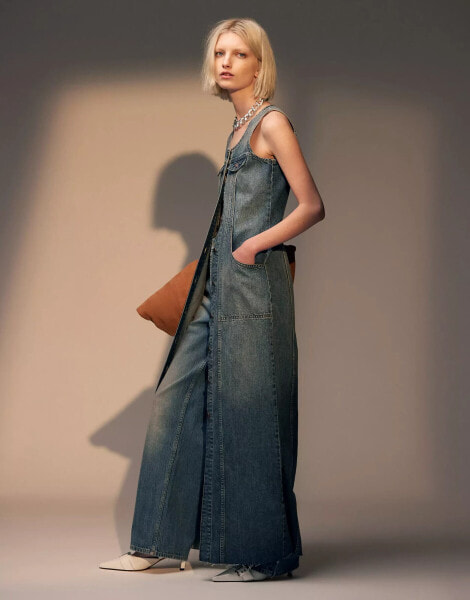 Topshop denim sleeveless maxi dress in dirty blue