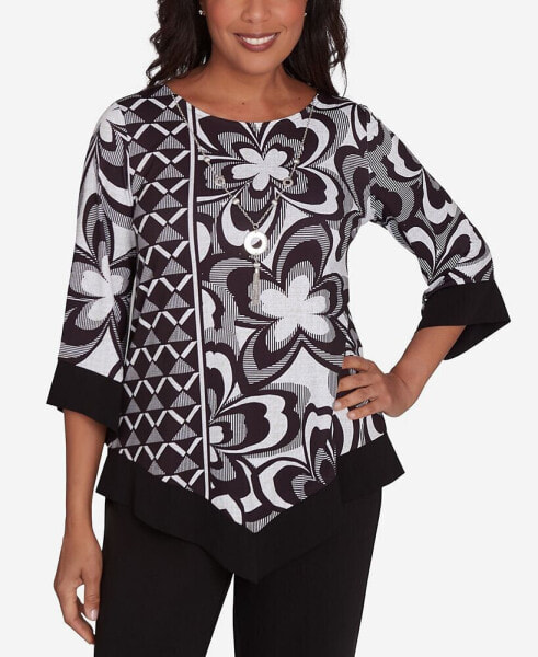 Runway Ready Women's Floral Geometric Top with A Contrast Trim with A Detachable Necklace