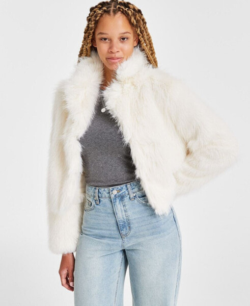 Juniors' Cropped Faux-Fur Long-Sleeve Coat