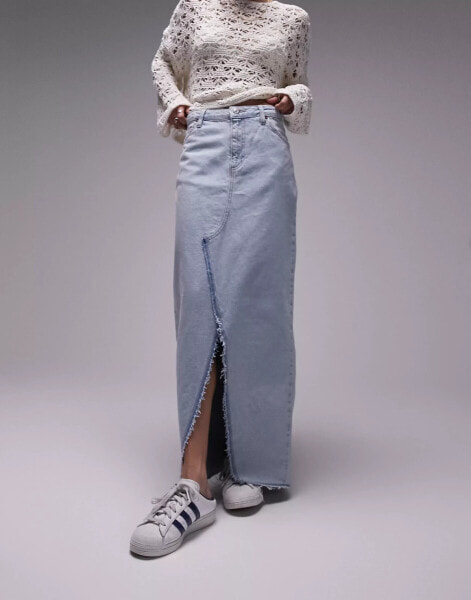 Topshop denim maxi skirt with front split in bleach